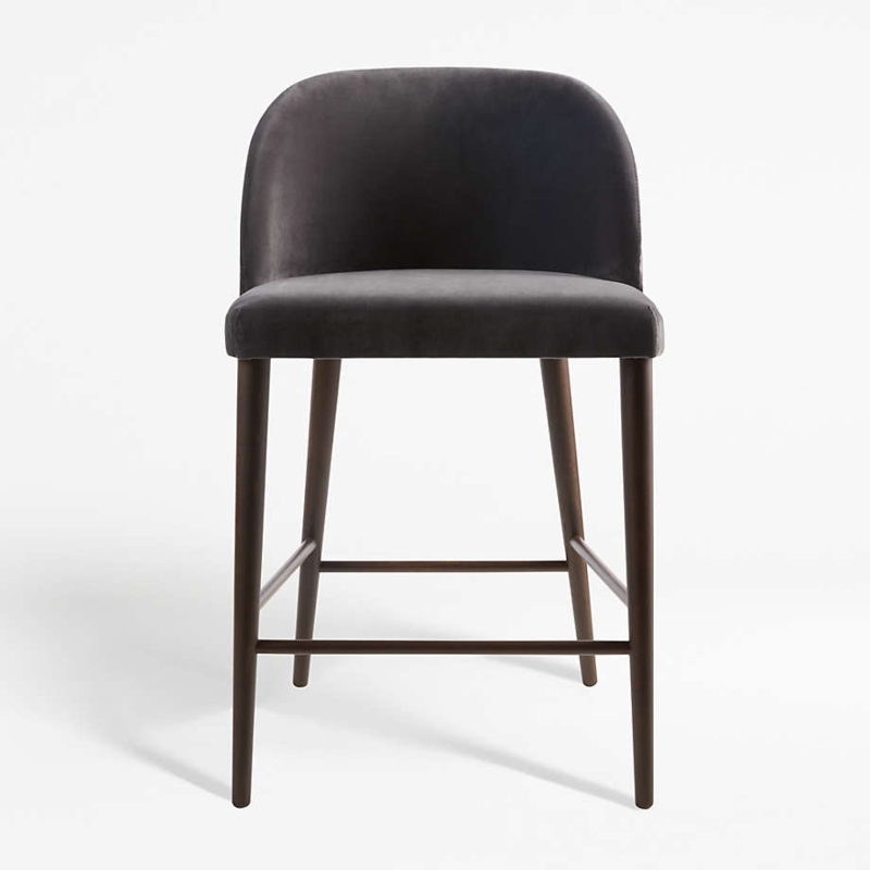 Counter Stool Anthracite Grey Velvet Curved Back Tapered Wood Legs