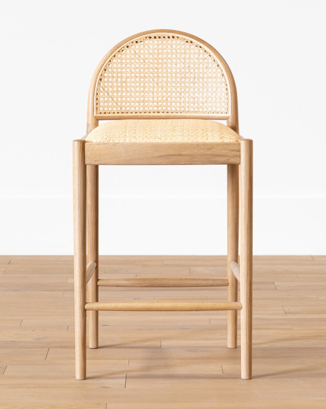 Counter Stool Arched Cane Back Woven Upholstered Seat Light Honey Wood
