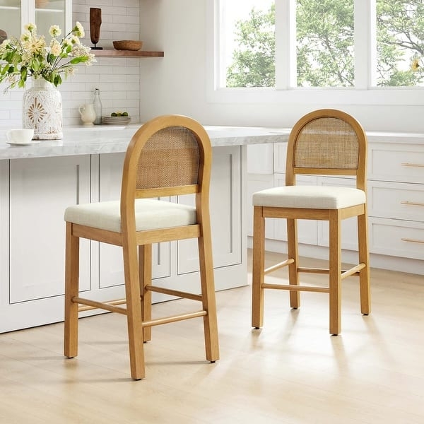 Counter Stool Arched Rattan Back Cream Upholstery Light Wood