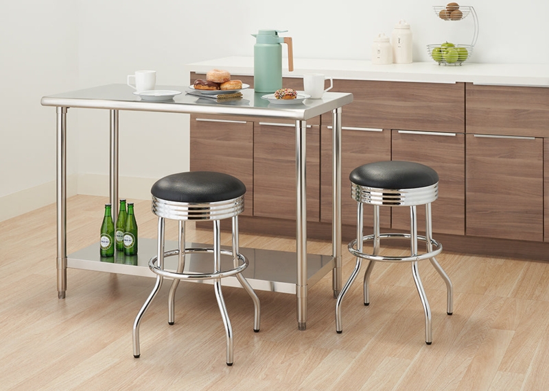 Counter Stool Backless Black Swivel Polished Chrome Circular Footrest