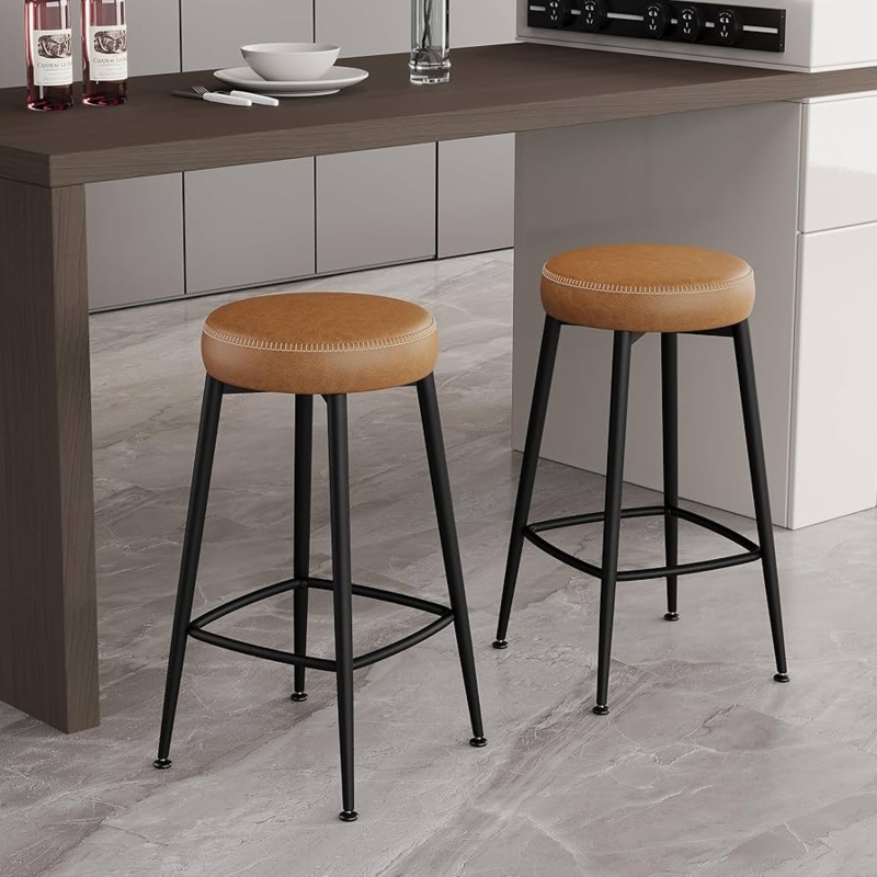 Counter Stool Backless Camel Faux Leather Black Legs