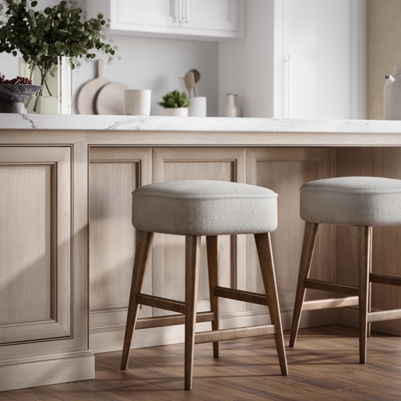 Counter Stool Backless Cream Boucle Tapered Wood Legs