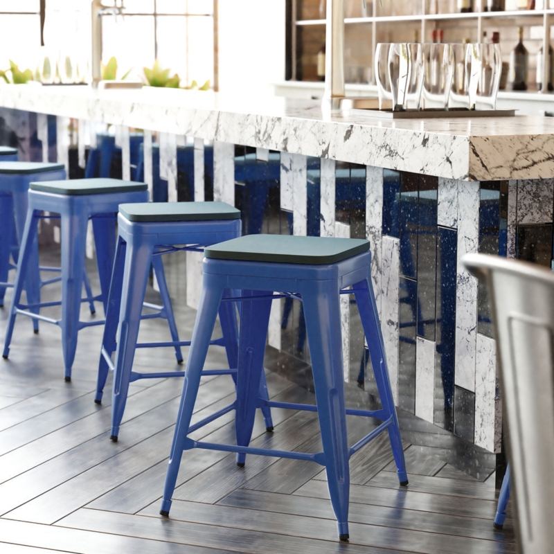Counter Stool Backless Industrial Cobalt Blue Metal Teal Resin Seat