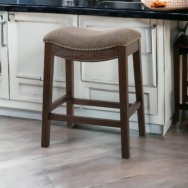 Counter Stool Backless Saddle Seat Taupe Upholstered Nailhead Trim