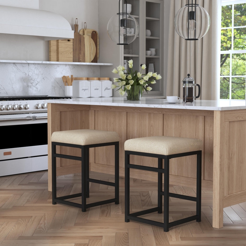 Counter Stool Backless Square Seat Metal Frame Light Tan
