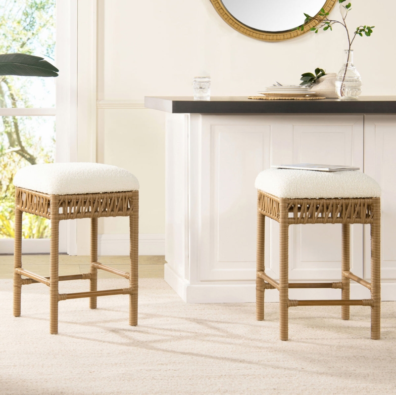 Counter Stool Backless Square Seat with White Boucle Upholstery