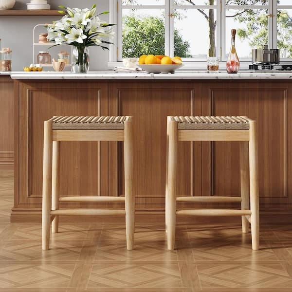 Counter Stool Backless Tapered Wood Legs Tan Woven Seat