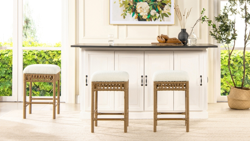 Counter Stool Backless White Boucle Seat Woven Rattan Frame