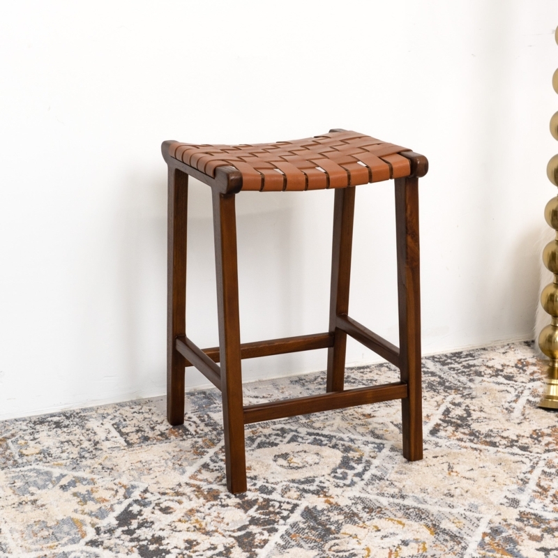 Counter Stool Backless Woven Leather Seat Contoured Wood Frame