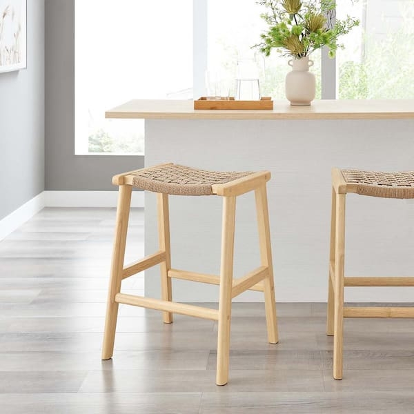 Counter Stool Backless Woven Rope Seat Light Wood Frame Scandinavian