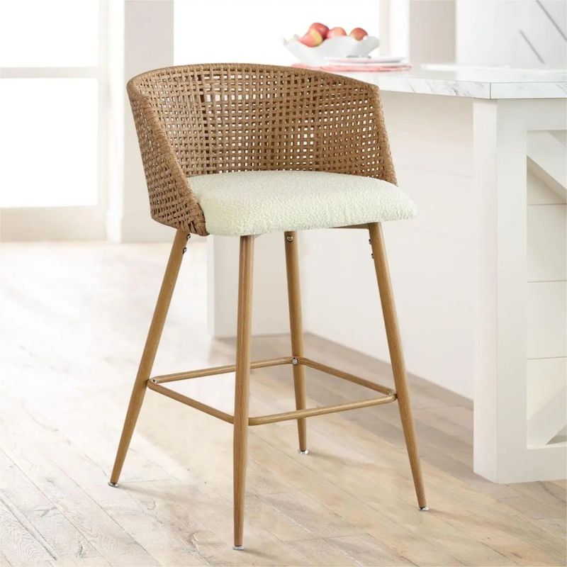 Counter Stool Barrel Back Boucle Upholstered Coastal Modern
