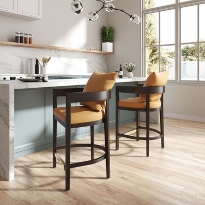 Counter Stool Barrel Back Upholstery Dark Wood Frame Transitional