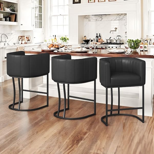 Counter Stool Barrel Back Vertical Channel Stitching Sled Base Modern