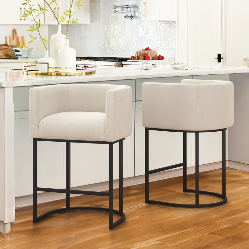 Counter Stool Beige Barrel Back U Shaped Base Matte Black Frame
