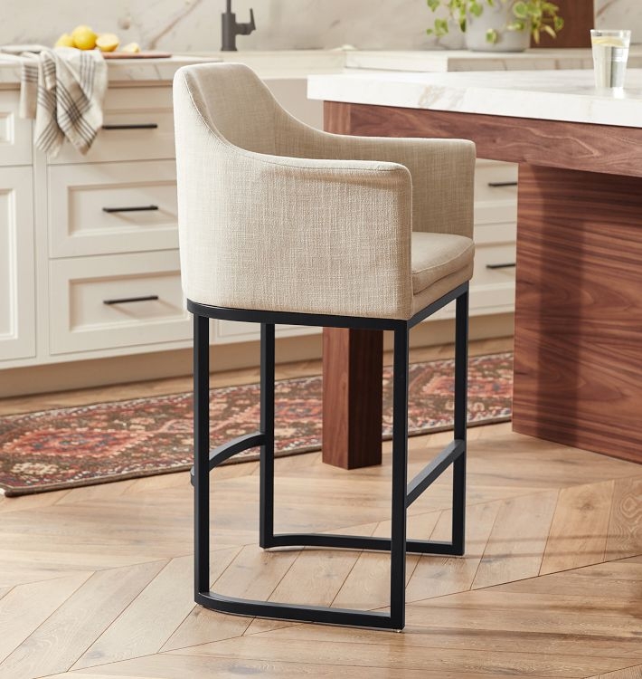 Counter Stool Beige Linen-Like Bucket Seat with Black Sled Base
