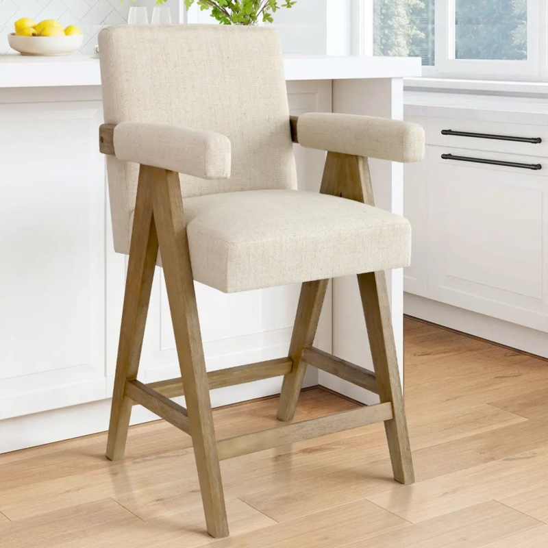 Counter Stool Beige Linen-Look Upholstered Arms Farmhouse Style