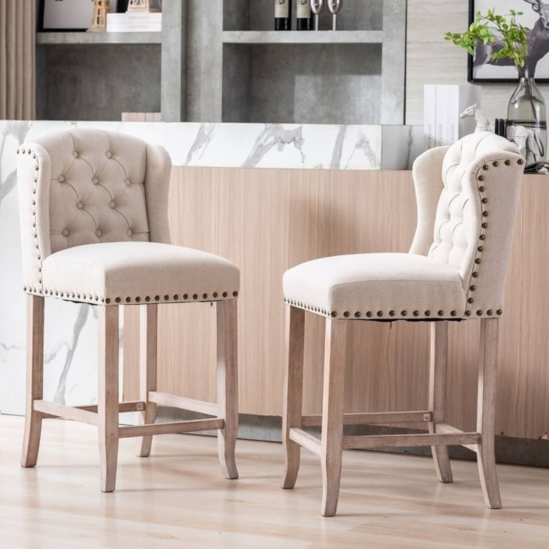 Counter Stool Beige Linen Wingback Button Tufted Whitewashed Finish