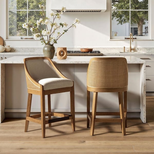 Counter Stool Beige Upholstered Cane Inlay Curved Back Wood Frame