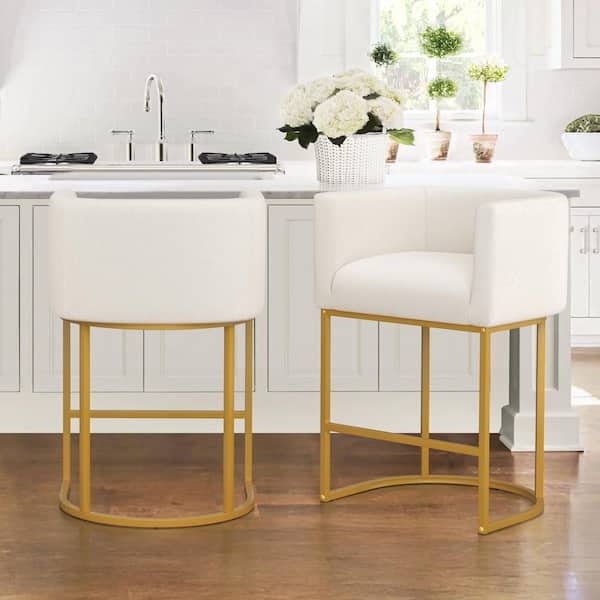 Counter Stool Beige Woven Fabric Barrel Back Polished Gold C-Shaped Base