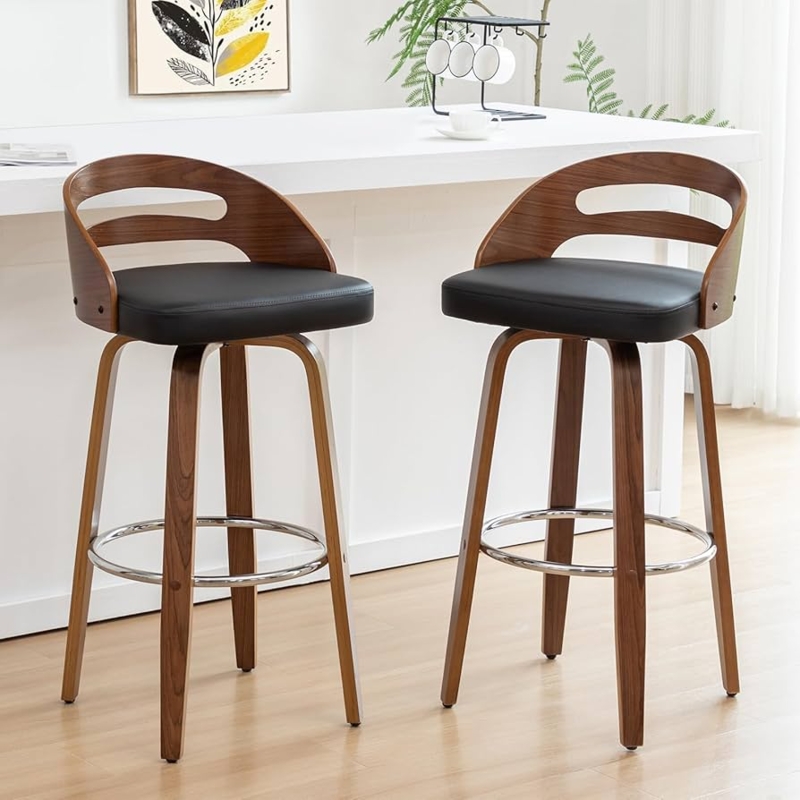 Counter Stool Bentwood Back Walnut Finish Swivel Seat Mid-Century Modern