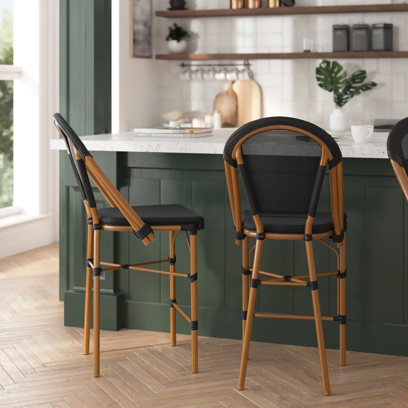Counter Stool, Bistro Style, Wood-Toned Metal Frame, Black Woven Seat