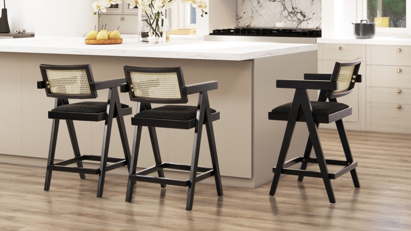 Counter Stool Black Frame Cane Back Integrated Arms Boucle Seat