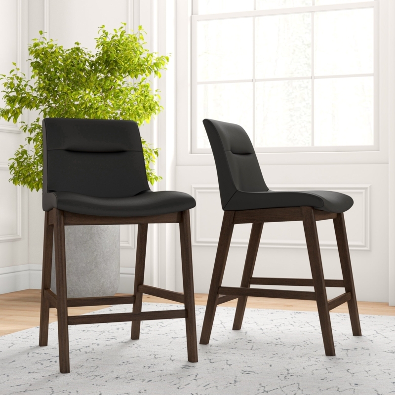 Counter Stool Black Leather-Like Tapered Legs Horizontal Seam Detail
