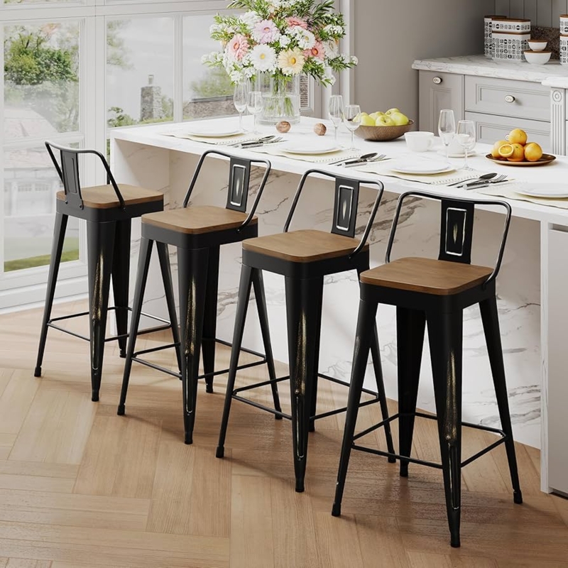 Counter Stool, Black Metal with Distressed Gold Accents, Wood Seat, Open Back