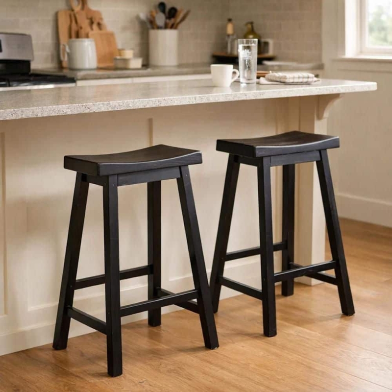 Counter Stool Black Wood Saddle Seat Backless Matte Finish