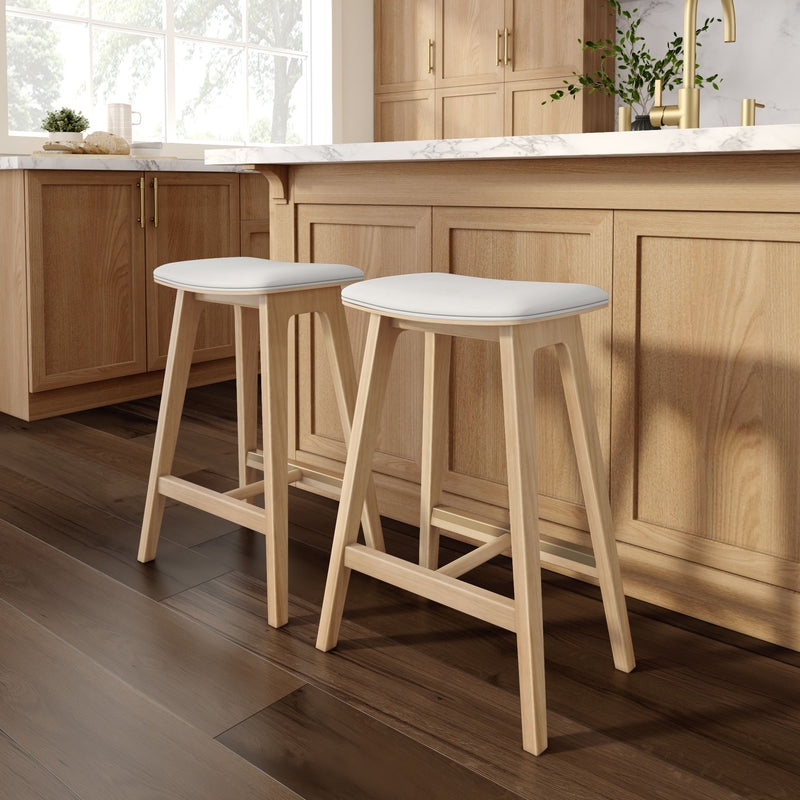 Counter Stool Blonde Wood White Saddle Seat Scandinavian Minimalist
