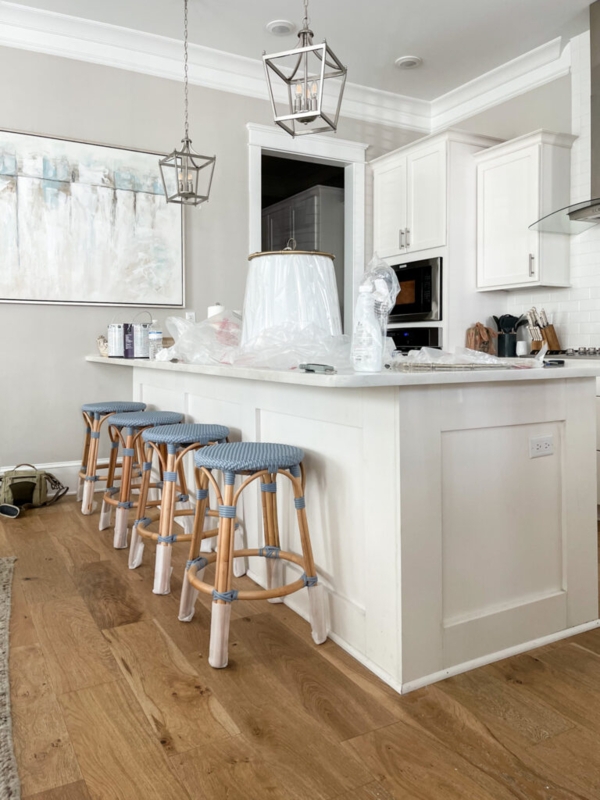 Counter Stool Blue White Woven Seat Bentwood Style Frame Backless