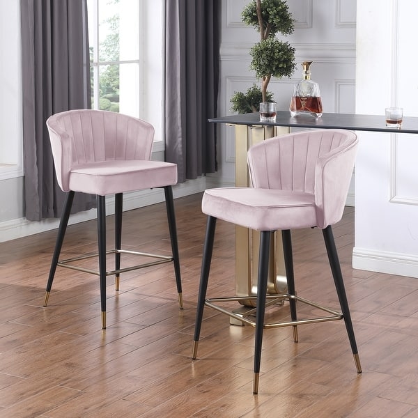 Counter Stool Blush Pink Velvet Channel Tufted with Gold Tipped Legs
