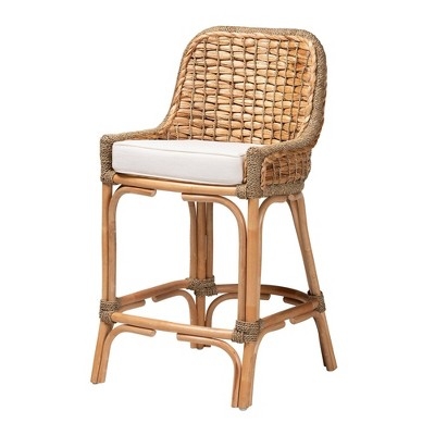 Counter Stool Bohemian Woven Rattan Curved Bucket Back & White Cushion