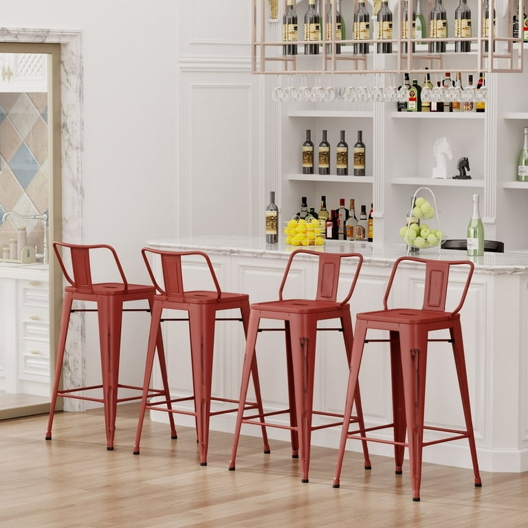 Counter Stool, Bold Distressed Red Metal, Low Backrest, Modern Farmhouse Style