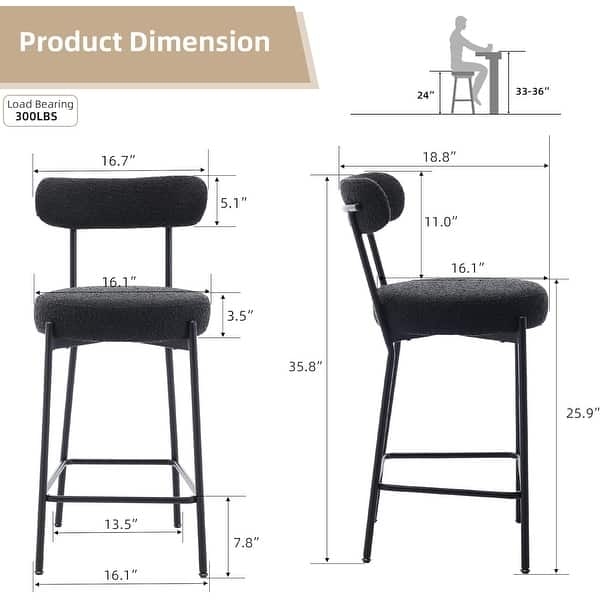 Counter Stool Boucle Curved Backrest Metal Frame Charcoal