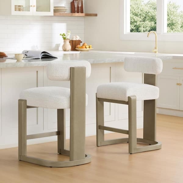 Counter Stool Boucle Fabric Grey Wood Cantilever Mid-Century Modern