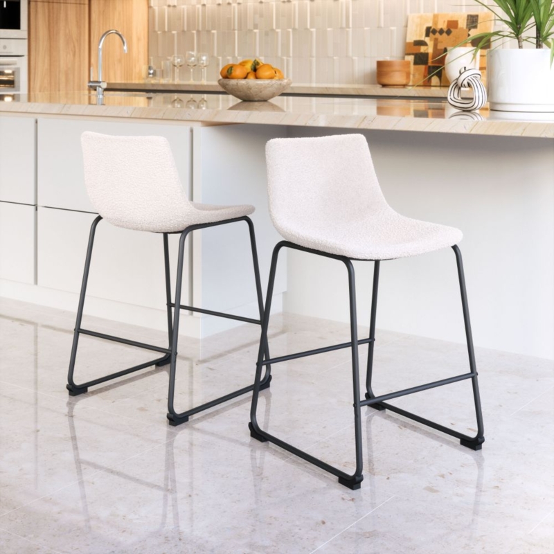 Counter Stool Boucle Fabric Sled Base with Black Metal Frame
