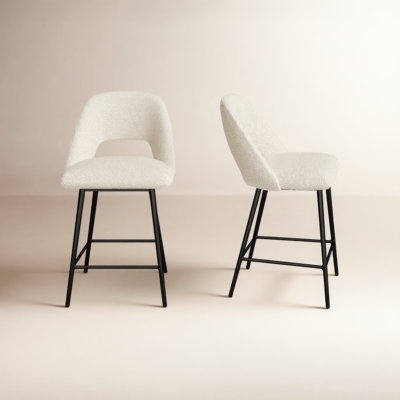 Counter Stool Boucle Texture Open Back Cream Upholstery Black Metal