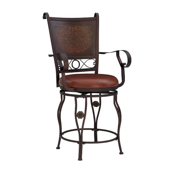 Counter Stool Bronze Scrolled Back Swivel Seat Armrests Brown Leather