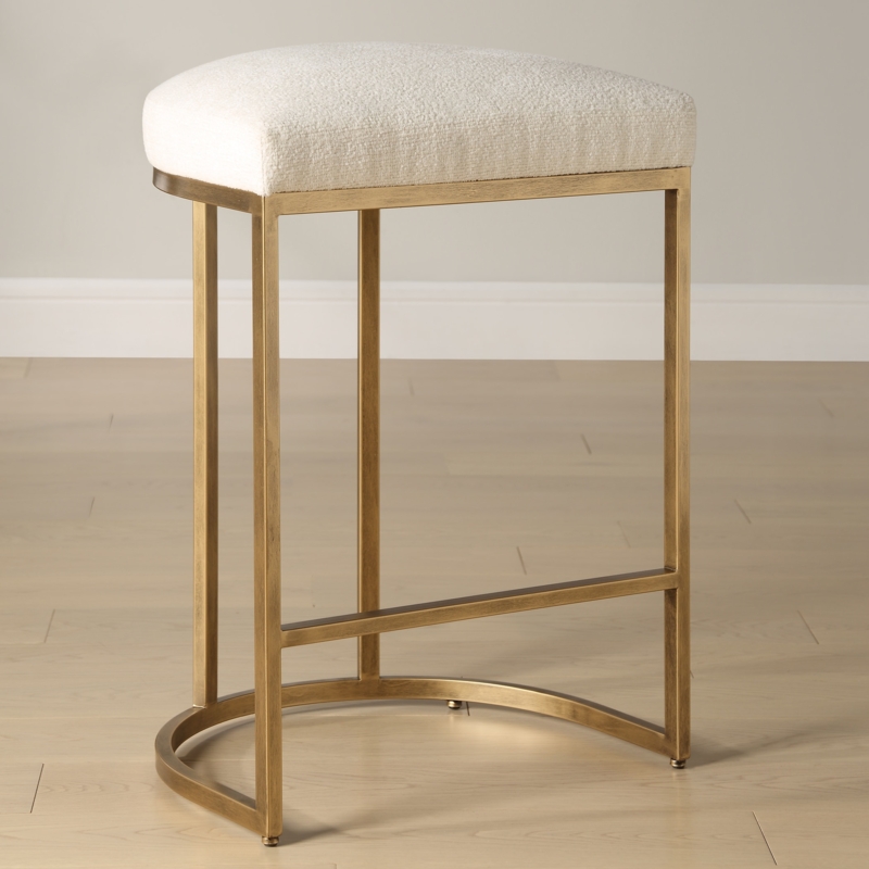 Counter Stool Brushed Gold Half-Moon Base Cream Boucle Texture Backless