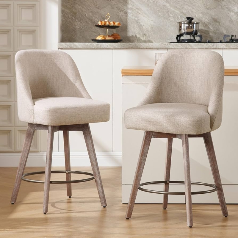 Counter Stool Bucket Back Sand Linen Upholstery Weathered Gray Legs