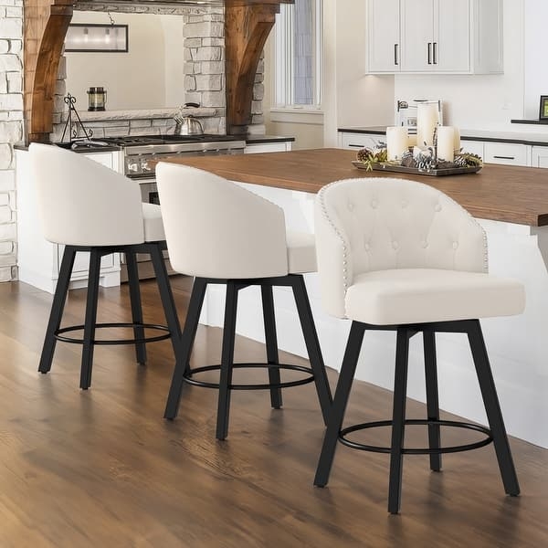Counter Stool Button Tufted Back Nailhead Trim Swivel Base Cream