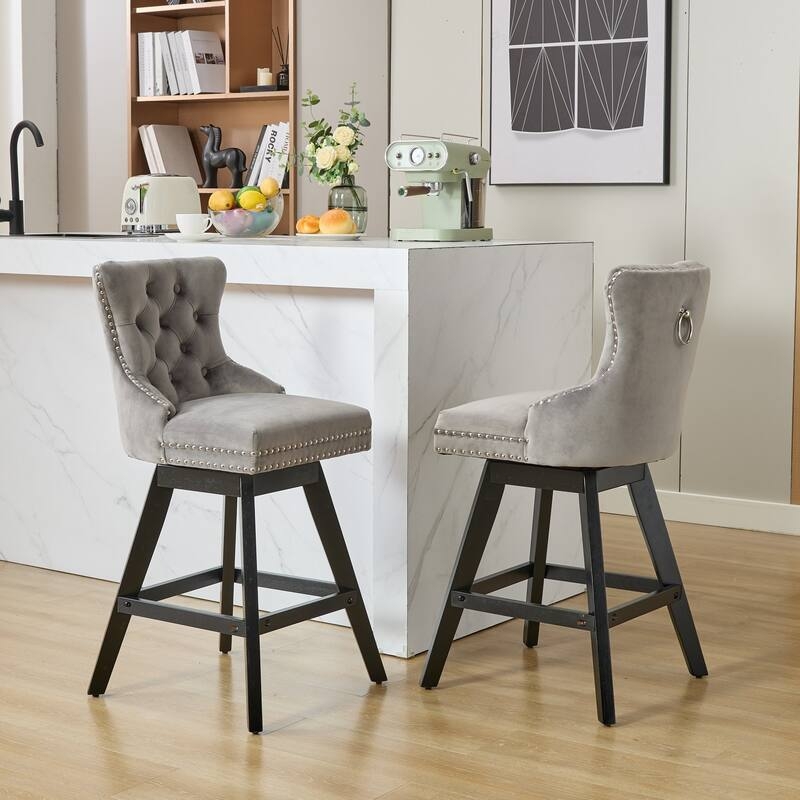 Counter Stool Button Tufted Grey Velvet Ring Pull Nailhead Trim