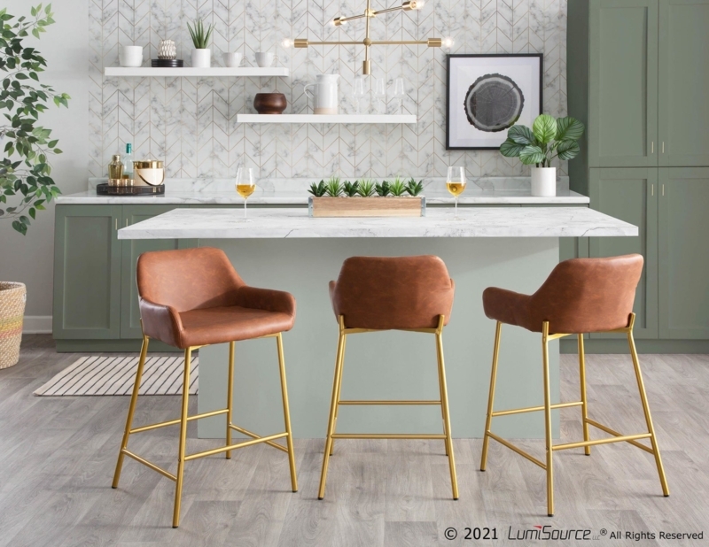 Counter Stool Camel Faux Leather Metallic Tapered Legs