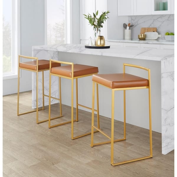 Counter Stool Camel Upholstery Gold Metal Frame Low Back Glam