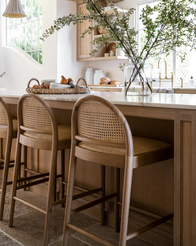 Counter Stool Cane Back Arched Silhouette Light Wood Woven Fiber Seat