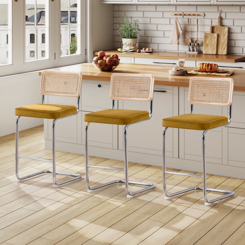 Counter Stool, Cantilevered Chrome Frame, Mustard Yellow Velvet, Cane Back