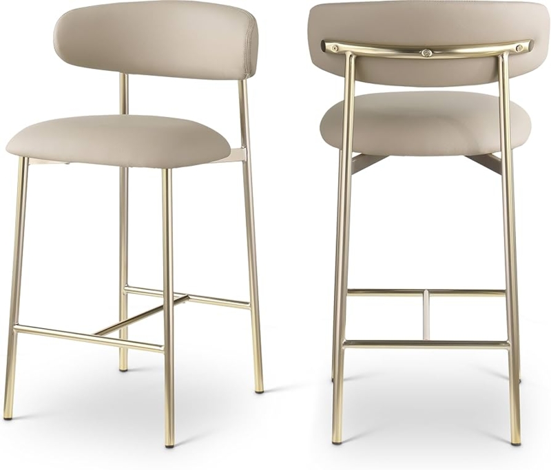 Counter Stool Champagne Gold Frame Leather-Like Crescent Back Glam
