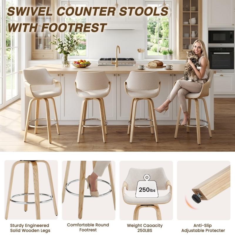 Counter Stool Chenille Texture Barrel Back Swivel Seat Modern Farmhouse