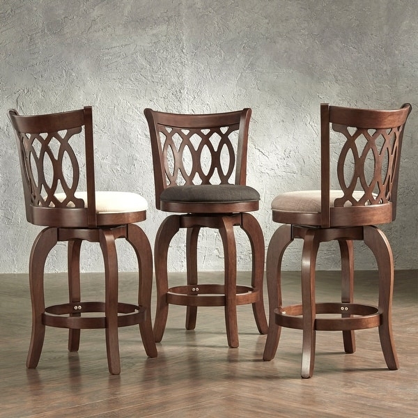 Counter Stool: Cherry Brown Finish, Traditional Lattice Back Swivel Seat